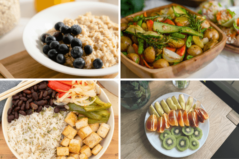 Vier Mahlzeiten eines Tagesplans nebeneinander: Porridge, Kartoffeln mit Gemüse, Reispfanne und Obst