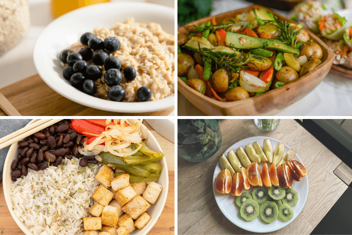 Vier Mahlzeiten eines Tagesplans nebeneinander: Porridge, Kartoffeln mit Gemüse, Reispfanne und Obst